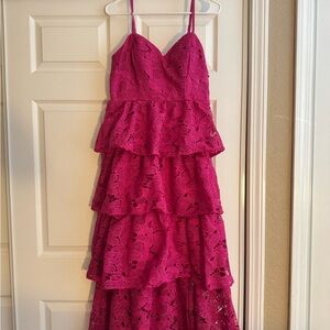 Elegant Fuchsia Lace Tiered Maxi Dress